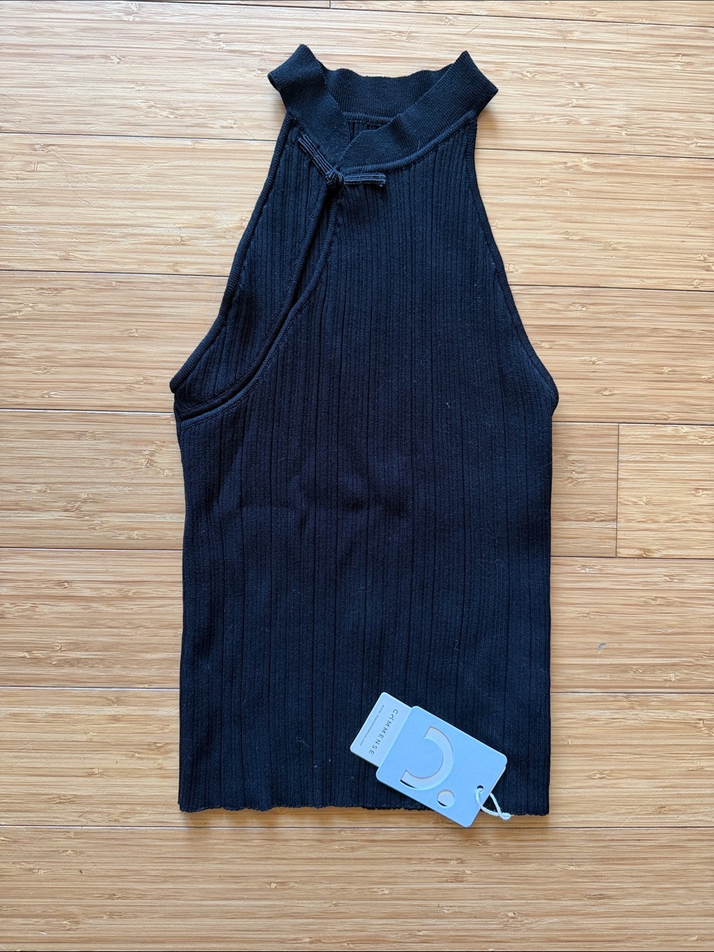 Commense Black Ribbed Halter Tank with Neck Tie & Cut Out